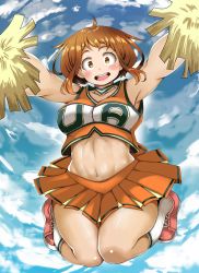 Rule 34 | 10s, 1girl, adahcm, armpits, blue sky, blush, blush stickers, boku no hero academia, breasts, brown eyes, brown hair, cheerleader, cloud, cloudy sky, collarbone, crop top, day, full body, highres, large breasts, looking at viewer, midriff, navel, open mouth, pleated skirt, pom pom (cheerleading), short hair, skirt, sky, smile, solo, thighs, uraraka ochako