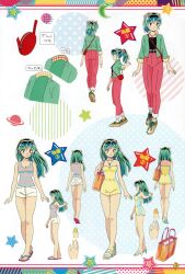 Rule 34 | 1girl, absurdres, alternate hairstyle, animal print, armor, asano naoyuki, ass, bag, blue eyes, breasts, casual, character sheet, cone horns, dress, green hair, highres, holding, holding bag, horns, looking at viewer, lum, medium breasts, multiple views, official art, pants, pointy ears, ponytail, sandals, scan, sharp teeth, short shorts, shorts, skirt, solo, strapless, teeth, translation request, urusei yatsura
