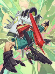 Rule 34 | 2boys, black gloves, black pants, bomb rush cyberfunk, chain, coat, cyberhead, cyborg, dj cyber, gloves, green shirt, highres, jetpack, long coat, male focus, mask, multicolored background, multiple boys, official art, orange hair, outline, outstretched arms, pants, record, red (bomb rush cyberfunk), shirt, short sleeves, sleeves rolled up, spray can, tan zhi hui, waves (hairstyle), white coat, white mask, white outline, wide sleeves