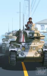 Rule 34 | 1girl, absurdres, blue sky, braid, brown hair, building, character name, clear sky, commentary, dated, day, emblem, english commentary, english text, fading, girls und panzer, hair over shoulder, highres, holding, jacket, lamppost, long hair, long sleeves, looking at viewer, matilda (tank), military, military uniform, military vehicle, motor vehicle, open mouth, outdoors, power lines, radio, red jacket, road, rukuriri (girls und panzer), single braid, sky, solo, st. gloriana&#039;s (emblem), st. gloriana&#039;s military uniform, tank, uniform, useless (gss44344), utility pole