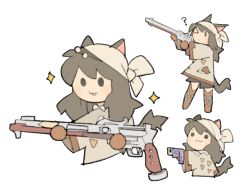 Rule 34 | &gt;:), 1girl, :3, ?, animal ears, warrior of light (ff14), bandana, brown hair, cat ears, cat tail, chibi, final fantasy, final fantasy xiv, gloves, gun, highres, indie virtual youtuber, machinist (final fantasy), miqo&#039;te, rifle, sparkle, tail, temmie chang, temmie chang (character), tunic, v-shaped eyebrows, weapon, white background