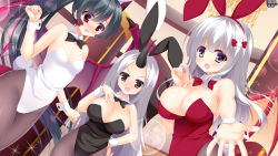 Rule 34 | 3girls, animal ears, bad id, bad pixiv id, bat wings, black hair, blush, bow, bowtie, breasts, cleavage, demon girl, detached collar, dutch angle, fake animal ears, green eyes, grey eyes, highres, horns, kerberos blade, large breasts, leaning forward, leotard, long hair, looking at viewer, medium breasts, multiple girls, open mouth, pantyhose, playboy bunny, ponytail, rabbit ears, rabbit tail, red eyes, silver hair, single horn, small breasts, sparkle, tail, wings, wrist cuffs, yuyumatsu