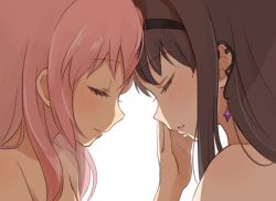 Rule 34 | 10s, 2girls, akemi homura, bad id, bad pixiv id, bare shoulders, blush, brown hair, closed eyes, earrings, forehead-to-forehead, gobou 1000, hand on another&#039;s face, headband, heads together, jewelry, kaname madoka, lipstick, long hair, mahou shoujo madoka magica, mahou shoujo madoka magica: hangyaku no monogatari, makeup, multiple girls, pink hair, profile, simple background, smile, white background, yuri