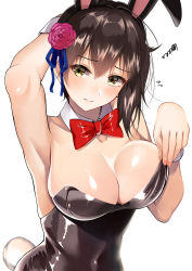 Rule 34 | 1girl, absurdres, animal ears, armpits, blush, bow, bowtie, breasts, brown eyes, brown hair, closed mouth, collarbone, covered navel, detached collar, fake animal ears, fake tail, fingernails, flower, hair flower, hair ornament, highres, kaga (kancolle), kantai collection, large breasts, looking at viewer, playboy bunny, side ponytail, simple background, solo, squiggle, suika (atelier-yuu), tail, white background, wrist cuffs