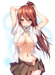 Rule 34 | 10s, 1girl, adjusting hair, areola slip, arms up, bison cangshu, blush, breasts, brown eyes, cleavage, free!, large breasts, long hair, matsuoka gou, mouth hold, navel, no bra, no panties, open clothes, open shirt, ponytail, red hair, school uniform, shirt, skirt, smile, solo