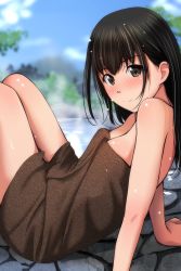 Rule 34 | 1girl, absurdres, arms at sides, bare shoulders, bath, black hair, blue sky, blurry, blurry background, blush, breasts, brown eyes, cloud, commentary request, depth of field, drying, drying body, feet out of frame, from side, full-face blush, highres, long hair, looking at viewer, matsunaga kouyou, mountain, naked towel, onsen, original, outdoors, outstretched arms, shiny skin, sitting, sky, smile, solo, straight hair, towel, tree, water, wet