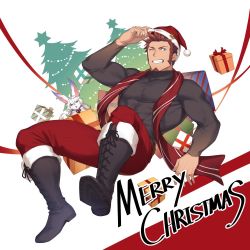 Rule 34 | 00047, 1boy, :o, adjusting clothes, adjusting headwear, alternate costume, bara, black shirt, blue eyes, boots, box, brown hair, christmas tree, collared shirt, covered abs, creature, cross-laced footwear, english text, facial hair, fate/grand order, fate (series), fou (fate), full body, fur-trimmed legwear, fur trim, gift, gift box, gift wrapping, goatee, hat, knee boots, large pectorals, leaning back, leather, leather boots, long sideburns, long sleeves, looking at viewer, male focus, merry christmas, muscular, muscular male, napoleon bonaparte (fate), one eye closed, pants, pectorals, red pants, red scarf, santa costume, santa hat, scarf, shirt, short hair, sideburns, skin tight, smile, solo, taut clothes, taut shirt, thick thighs, thighs, tight clothes, tight pants