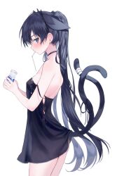 Rule 34 | 1girl, animal ears, ass, bandaged tail, bare arms, bare shoulders, bendy straw, black dress, black hair, blue eyes, blush, bottle, breasts, cat ears, cat girl, cat tail, choker, collarbone, cowboy shot, dress, drinking straw, drinking straw in mouth, ears down, extra ears, eyelashes, food on body, food on breasts, from side, hairband, hands up, highres, holding, holding bottle, lace, lace-trimmed dress, lace trim, long hair, milk bottle, multiple tails, no bra, no panties, original, paraffin, profile, ringed eyes, see-through silhouette, sideways glance, sleeveless, sleeveless dress, small breasts, spill, strap slip, tail, tail raised, twintails, two tails, very long hair