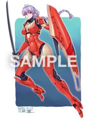 Rule 34 | 1girl, ariel (mecha), ariel (novel), breasts, commission, covered navel, dated, holding, holding shield, holding sword, holding weapon, looking at viewer, mecha musume, medium breasts, michi kuso, personification, red eyes, sample watermark, shield, skeb commission, solo, sword, watermark, weapon, white hair