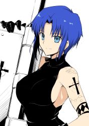 Rule 34 | 1girl, absurdres, blue eyes, blue hair, breasts, ciel (tsukihime), cross, gloves, halcon, highres, holding, holding weapon, large breasts, looking at viewer, seventh holy scripture, shirt, short hair, sideboob, sidelocks, sleeveless, sleeveless shirt, smile, solo, tattoo, tsukihime, upper body, weapon, white background