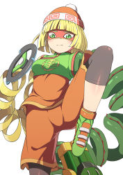Rule 34 | 1girl, absurdres, arms (game), ballpoint pen (medium), beanie, bike shorts, blonde hair, chinese clothes, domino mask, dragon (arms), facepaint, food, graphite (medium), green eyes, hat, highres, leggings, leggings under shorts, looking at viewer, mask, min min (arms), nib pen (medium), nite airen, noodles, pantyhose, short hair, shorts, simple background, solo, traditional media