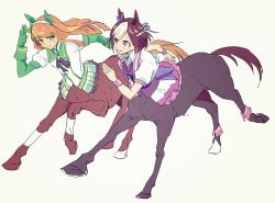 Rule 34 | 2girls, animal ears, asakura 404, blunt bangs, bow, braid, breasts, brown hair, centaur, closed mouth, commentary request, ear bow, ear covers, flat chest, full body, gloves, green eyes, green gloves, hair between eyes, hair ornament, hairband, highres, hime cut, horse ears, horse tail, long hair, long sleeves, looking at another, monster girl, monsterification, multicolored hair, multiple girls, orange hair, pleated skirt, purple eyes, running, shirt, short hair, short sleeves, sidelocks, silence suzuka (umamusume), simple background, skirt, sleeve cuffs, small breasts, smile, special week (umamusume), sweat, tail, taur, two-tone hair, umamusume, white background, white hair, white hairband, white shirt, white skirt