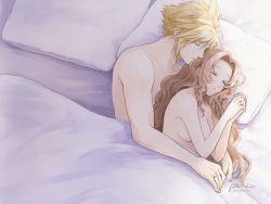Rule 34 | 1boy, 1girl, aerith gainsborough, afterglow, aftersex, ancotsubu, arms around waist, bare arms, bed, bed sheet, blonde hair, breasts, brown hair, closed eyes, cloud strife, collarbone, couple, cuddling, final fantasy, final fantasy vii, final fantasy vii remake, hair down, jewelry, long hair, medium breasts, nude, own hands together, parted bangs, pillow, ring, sleeping, spiked hair, spooning, topless, topless male, upper body, wavy hair