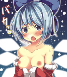Rule 34 | 1girl, blue eyes, blue hair, blush, bow, breasts, cirno, collarbone, detached sleeves, fang, female focus, hair bow, ice, ice wings, looking at viewer, matching hair/eyes, nipples, nude, open mouth, short hair, small breasts, solo, sweat, touhou, translation request, upper body, wings, yuki usagi (snowcanvas)