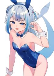 Rule 34 | 1girl, alternate costume, blue eyes, blue hair, blue leotard, breasts, collar, detached collar, fins, fish tail, gawr gura, grey hair, hair ornament, highres, hololive, hololive english, leotard, looking at viewer, medium hair, multicolored hair, nzmtarou, open mouth, playboy bunny, shark girl, shark hair ornament, shark tail, sharp teeth, sidelocks, small breasts, smile, strapless, strapless leotard, streaked hair, tail, teeth, two side up, upper teeth only, virtual youtuber, white background, white collar, white wrist cuffs, wrist cuffs