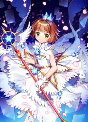 Rule 34 | 1girl, antenna hair, bad id, bad pixiv id, brown hair, cardcaptor sakura, clear card, closed mouth, crown, dress, floating, floating object, gem, gloves, green eyes, highres, holding, holding staff, iji (u mayday), kinomoto sakura, looking at viewer, petals, petticoat, see-through, short hair, sleeveless, smile, solo, staff, white dress, white gloves, yume no tsue