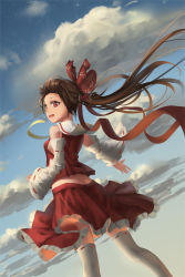 Rule 34 | 1girl, ascot, blue sky, bow, breasts, brown hair, butt crack, cloud, detached sleeves, frilled skirt, frills, from behind, hair bow, hair ribbon, hair tubes, hakurei reimu, long hair, newnand, open mouth, perspective, ponytail, red eyes, red skirt, ribbon, ribbon-trimmed legwear, ribbon-trimmed sleeves, ribbon trim, round teeth, sideboob, skirt, sky, sleeveless, small breasts, solo, star (sky), starry sky, teeth, thighhighs, tongue, touhou, white thighhighs, wind