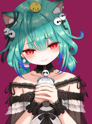 Rule 34 | 1girl, ahoge, animal, animal ear fluff, animal on head, bare shoulders, bird, bird on head, black choker, black dress, black ribbon, blue hair, chick, choker, closed eyes, collarbone, commentary request, dress, ear piercing, earrings, evil smile, fandead (uruha rushia), flat chest, frilled dress, frilled straps, frills, ghost, ghost earrings, gradient hair, green hair, hachiman tanuki, hair ornament, hair ribbon, highres, hololive, jewelry, looking at another, low twintails, medium hair, multicolored hair, off-shoulder dress, off shoulder, on head, piercing, piyoko (uruha rushia), pom pom (clothes), pom pom hair ornament, red eyes, ribbon, see-through, see-through sleeves, short sleeves, short twintails, skull hair ornament, smile, solo focus, twintails, uruha rushia, uruha rushia (3rd costume), virtual youtuber, wristband