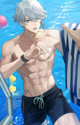 Rule 34 | 1boy, 1other, abs, absurdres, alhaitham (genshin impact), aqua eyes, ball, genshin impact, grey hair, hair between eyes, highres, holding, male focus, male swimwear, nipples, open mouth, pectorals, pool ladder, rubber duck, sjamki, solo, swim trunks, toned, toned male, topless male, water, wet, wet hair