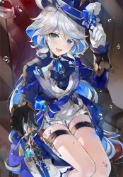 Rule 34 | 1girl, asymmetrical gloves, black gloves, black straps, blue eyes, blue gemstone, blue hair, blue hat, drop-shaped pupils, furina (genshin impact), gem, genshin impact, gloves, grey hair, hair between eyes, hat, highres, light blue hair, long hair, long sleeves, looking at viewer, mismatched gloves, mismatched pupils, multicolored hair, open mouth, shorts, sitting, smile, solo, soraneko hino, streaked hair, symbol-shaped pupils, thigh strap, top hat, white gloves, white shorts