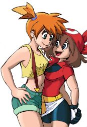 Rule 34 | 2girls, absurdres, adapted costume, asymmetrical hair, bare legs, bike shorts, blue eyes, breasts, brown hair, cowboy shot, creatures (company), denim, denim shorts, game freak, gen 1 pokemon, gen 3 pokemon, green eyes, gym leader, highres, large breasts, legs, maxiwolf, may (pokemon), misty (pokemon), multiple girls, navel, nintendo, nipples, orange hair, pokemon, pokemon (anime), pokemon (classic anime), pokemon rse (anime), ponytail, shirt, short hair, short shorts, shorts, side ponytail, simple background, smile, suspenders, tank top, thighs, twintails, wide hips, yellow shirt, yellow tank top