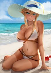 Rule 34 | 1girl, ahoge, aqua eyes, arm support, artoria pendragon (fate), artoria pendragon (lancer) (fate), bare shoulders, barefoot, beach, bikini, blue sky, braid, breasts, breasts squeezed together, cleavage, cleavage cutout, closed mouth, clothing cutout, cloud, collarbone, crab, day, fate/grand order, fate (series), french braid, green eyes, hair between eyes, hair through headwear, hat, highres, large breasts, looking at viewer, multi-strapped bikini, navel, ocean, outdoors, sidelocks, sitting, skindentation, sky, smile, solo, stomach, sun hat, swept bangs, swimsuit, tan, tanline, thighs, white bikini, white hat, yamaneko (tkdrumsco), yokozuwari