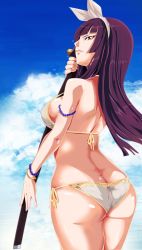 Rule 34 | 1girl, ass, bikini, blue sky, breasts, butt crack, day, fairy tail, from behind, hairband, highres, holding, holding weapon, i-azu, kagura mikazuchi, large breasts, long hair, outdoors, purple hair, sheath, sheathed, side-tie bikini bottom, sky, solo, standing, swimsuit, sword, weapon