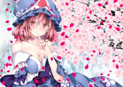 Rule 34 | 1girl, bad id, bad pixiv id, bare shoulders, blue hat, blue kimono, blurry, blurry background, blush, breasts, cherry blossoms, cleavage, closed mouth, falling petals, finger to mouth, flower, frills, hair between eyes, hat, japanese clothes, kimono, light smile, looking at viewer, medium breasts, mob cap, nanase nao, off shoulder, outdoors, petals, pink eyes, pink flower, pink hair, saigyouji yuyuko, solo, touhou, tree, triangular headpiece, upper body