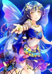 Rule 34 | 10s, 1girl, ankle lace-up, bad id, bad pixiv id, bandeau, blue hair, butterfly hair ornament, butterfly wings, cross-laced footwear, flower, hair ornament, head wreath, holding, holding flower, insect wings, layered skirt, long hair, looking at viewer, love live!, love live! school idol festival, love live! school idol project, morizono shiki, parted lips, petals, ribbon, skirt, sky, solo, sonoda umi, star (sky), starry sky, wings, wrist ribbon, yellow eyes, yume no tobira