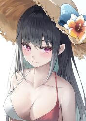 Rule 34 | 1girl, absurdres, bare arms, bikini, black hair, blush, breasts, cleavage, fang, flower, halterneck, hat, hat flower, hat ribbon, highres, hwanhee, long hair, medium breasts, multicolored bikini, multicolored clothes, original, parted lips, purple eyes, red bikini, ribbon, simple background, solo, straw hat, sun hat, swimsuit, upper body, white bikini