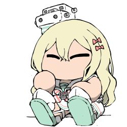 Rule 34 | 1girl, ^ ^, anchor, anchor necklace, bare shoulders, blonde hair, bow, chibi, closed eyes, dress, closed eyes, grecale (kancolle), hair bow, hair ornament, hand on own face, kantai collection, long hair, necklace, no mouth, red bow, sailor collar, sailor dress, sandals, simple background, sleeveless, sleeveless dress, solo, tan, task (s task80), white background, white dress