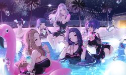 Rule 34 | 5girls, ;o, aerial fireworks, ahoge, antenna hair, ass, asymmetrical one-piece swimsuit, black one-piece swimsuit, blowing kiss, blue hair, blush, bracelet, breasts, brown hair, cross-laced clothes, cross-laced one-piece swimsuit, cup, dark blue hair, drinking, earrings, fingernails, fireworks, forehead, grey hair, hair ornament, heart, heart earrings, heart hair ornament, highres, holding, holding cup, idolmaster, idolmaster million live!, inflatable flamingo, jewelry, kitakami reika, large breasts, long hair, looking at viewer, lying, miura azusa, multiple girls, nail polish, night, night sky, nikaidou chizuru, nys, on stomach, one-piece swimsuit, one eye closed, palm tree, partially submerged, ponytail, pool, shijou takane, sky, smile, soaking feet, splashing, straight hair, swimsuit, the pose, thigh strap, toyokawa fuka, tree, very long hair