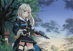 Rule 34 | 1girl, assault rifle, black gloves, black jacket, black skirt, black thighhighs, blue eyes, blue sky, blurry, blurry foreground, blush, closed mouth, cloud, cloudy sky, cropped jacket, day, depth of field, finger on trigger, fingerless gloves, gloves, gun, hair between eyes, holding, holding gun, holding weapon, hood, hood down, hooded jacket, house, jacket, light brown hair, long hair, long sleeves, looking at viewer, m4 carbine, miko fly, name connection, object namesake, outdoors, pleated skirt, rifle, shirt, skirt, sky, smile, solo, standing, thighhighs, tree, weapon, white shirt