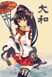 Rule 34 | 10s, 1girl, blush, breasts, brown eyes, brown hair, character name, cherry blossoms, detached sleeves, flower, hair flower, hair ornament, kantai collection, large breasts, long hair, looking at viewer, miniskirt, multiple girls, oil-paper umbrella, personification, pleated skirt, ponytail, single thighhigh, skirt, smile, solo, thighhighs, umbrella, very long hair, wantan meo, yamato (kancolle)