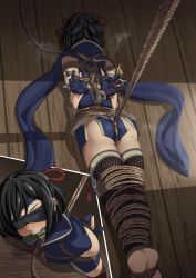 Rule 34 | 1girl, arms behind back, ass, bdsm, bit gag, black hair, blindfold, blush, bondage, bound, bound arms, bound legs, crotch rope, cuffs, earplugs, fishnet legwear, fishnets, from above, gag, gagged, gloves, headband, highres, kamura (armor), lying, monster hunter (series), monster hunter rise, multiple views, on stomach, partially fingerless gloves, ramiel1111, rope, rope around neck, saliva, scarf, shibari, shibari over clothes, wooden floor