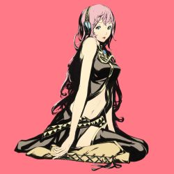 Rule 34 | black thighhighs, blue eyes, boots, full body, headphones, knee boots, long hair, megurine luka, midriff, navel, pink hair, sitting, solo, sousou (sousouworks), thighhighs, very long hair, vocaloid, wariza