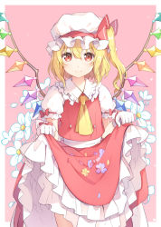 Rule 34 | 1girl, 6u (eternal land), ascot, asymmetrical hair, bad id, bad pixiv id, blonde hair, blouse, blush, commentary request, cowboy shot, crystal, demon wings, flandre scarlet, flower, frilled shirt collar, frilled sleeves, frills, gloves, hat, hat ribbon, long skirt, looking at viewer, mob cap, one side up, outside border, petals, petticoat, pink background, puffy short sleeves, puffy sleeves, red eyes, red ribbon, red skirt, red vest, ribbon, shirt, short sleeves, simple background, skirt, skirt basket, skirt hold, solo, standing, tareme, touhou, vest, white gloves, white hat, white shirt, wings, yellow ascot