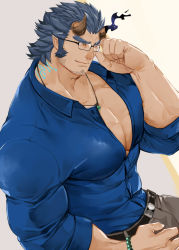 Rule 34 | 1boy, alternate costume, alternate pectoral size, bara, bespectacled, blue hair, broken horn, casual, dark blue hair, demon boy, demon horns, facial hair, fang, feet out of frame, fiery horns, glasses, hinokumo f, horns, large pectorals, long sideburns, male focus, mature male, muscular, muscular male, partially unbuttoned, pectoral cleavage, pectorals, scar, short hair, sideburns, solo, stubble, takemaru (housamo), thick eyebrows, tokyo houkago summoners