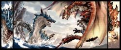 Rule 34 | battle, capcom, dragon, fire, lagiacrus, leviathan (monster hunter), monster hunter, monster hunter (series), monster hunter 3, no humans, ocean, rathalos, sea dragon, tail, weapon, wings, wyvern