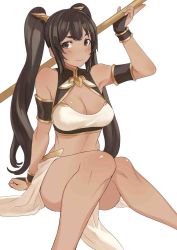 Rule 34 | 1girl, arm support, armlet, armpits, bare shoulders, blush, breasts, brown eyes, brown hair, cleavage, cleavage cutout, clothing cutout, dark-skinned female, dark skin, egyptian, egyptian mythology, female focus, fingerless gloves, gloves, highres, large breasts, long hair, looking at viewer, md5 mismatch, midriff, nekhbet, original, polearm, resized, resolution mismatch, ricci, sitting, smile, solo, source larger, twintails, weapon, white background