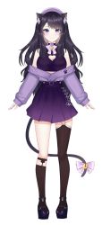 Rule 34 | 1girl, animal ears, bad id, bad twitter id, bell, beret, blush, bow, cat ears, cat girl, crop top, crys (crysillust), hat, heart, highres, indie virtual youtuber, off shoulder, official art, pink bow, purple eyes, purple hat, purple skirt, purple sweater, shimotsuki miri, skirt, smile, solo, sweater, sweater tucked in, two side up, virtual youtuber, white background