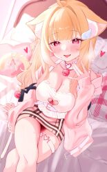 Rule 34 | 1girl, absurdres, animal ears, bell, blonde hair, blush, breasts, cleavage, clothing cutout, commission, crossed legs, heart, heart cutout, highres, jacket, kemomimi refle!, large breasts, meercat dayo, neck bell, nekoma karin, open clothes, open jacket, open mouth, pillow, pink eyes, pink jacket, skeb commission, smile, solo, thigh strap, tongue, virtual youtuber, wing hair ornament