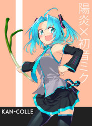 Rule 34 | 1girl, ahoge, black skirt, black thighhighs, blew andwhite, blouse, collared shirt, copyright name, cosplay, cowboy shot, detached sleeves, food, graphite (medium), green necktie, grey shirt, hair ornament, hatsune miku, highres, holding, holding food, kantai collection, looking at viewer, miniskirt, necktie, open mouth, parted bangs, pink eyes, pleated skirt, shirt, short hair, short twintails, skirt, sleeveless, sleeveless shirt, smile, solo, spring onion, standing, thighhighs, traditional media, twintails, vocaloid