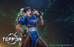 Rule 34 | 1girl, black hair, bracelet, bun cover, capcom, chinese clothes, chun-li, closed eyes, copyright name, copyright notice, hand on own hip, highres, jeremy chong, jewelry, laughing, official art, open mouth, pantyhose, solo, spiked bracelet, spikes, street fighter, teppen, thick thighs, thighs