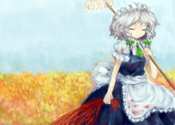 Rule 34 | 2girls, amii, apron, ascot, bad id, bad pixiv id, blood, blood on clothes, blue dress, bow, braid, dragging, dress, closed eyes, field, flower, flower field, frilled apron, frills, grabbing another&#039;s hair, grey hair, hair bow, highres, hong meiling, izayoi sakuya, long hair, maid, maid apron, maid headdress, mop, multiple girls, out of frame, red hair, shirt, short hair, sleeveless, sleeveless dress, smile, solo focus, touhou, twin braids, white shirt