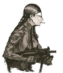 Rule 34 | 1girl, assault rifle, braid, breasts, brown hair, bullpup, cigarette, female focus, from side, glasses, glasses girl (nameo), gloves, green eyes, gun, hair over shoulder, highres, holding, holding gun, holding weapon, large breasts, long hair, nameo (judgemasterkou), necktie, original, parted bangs, rifle, simple background, solo, steyr aug, trigger discipline, twin braids, weapon