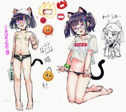 Rule 34 | :3, :d, animal ear fluff, animal ears, bare arms, bare legs, bare shoulders, barefoot, baseball cap, bikini, black choker, black panties, black shorts, blue hair, breasts, cat ears, cat girl, cat tail, choker, collarbone, commentary request, covered erect nipples, emoji, fang, fangs, green bikini, green hair, grey background, groin, hat, highres, jacket, kneeling, looking at viewer, micro bikini, micro shorts, multicolored hair, multiple views, navel, off shoulder, open clothes, open fly, open jacket, open mouth, open shorts, original, panties, panty pull, pleading face emoji, purple eyes, purple hair, pyonsuke (pyon2 mfg), shirt, shoes, short sleeves, shorts, sketch, small breasts, smile, soles, standing, streaked hair, sunglasses, swimsuit, tail, translation request, twintails, underwear, v, v-shaped eyebrows, white headwear, white shirt