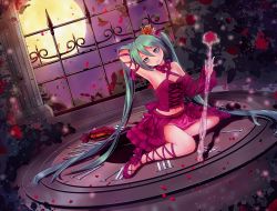 Rule 34 | 1girl, arm up, bad id, bad pixiv id, clock, corset, full moon, green eyes, green hair, hatsune miku, head tilt, long hair, marmaladica, matching hair/eyes, md5 mismatch, midriff, moon, petals, project diva (series), project diva 2nd, roman numeral, romeo to cinderella (vocaloid), sitting, skirt, solo, twintails, very long hair, vocaloid