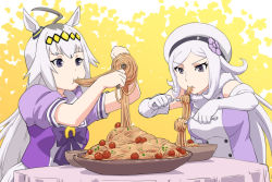 Rule 34 | 2girls, ahoge, aila jyrkiainen, animal ears, beret, bowl, breasts, commentary request, crossover, dress, eating, elbow gloves, flower, food, food in mouth, fork, fur collar, gloves, gundam, gundam build fighters, hair ornament, hat, hat flower, horse ears, horse girl, long hair, looking down, looking up, meatball, medium breasts, multiple girls, oguri cap (umamusume), pasta, plate, puffy short sleeves, puffy sleeves, purple eyes, purple shirt, school uniform, shirt, short sleeves, silver hair, simple background, sitting, skirt, sleeveless, sleeveless dress, small breasts, spaghetti, table, tablecloth, trait connection, two-tone background, ueyama michirou, umamusume, upper body, very long hair, white gloves, white skirt, yellow background