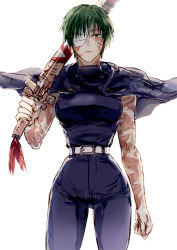 Rule 34 | 1girl, bandages, belt, breasts, burn scar, capelet, closed mouth, commentary request, glasses, green hair, high-waist pants, holding, holding sword, holding weapon, jujutsu kaisen, large breasts, looking at viewer, muscular, muscular female, nori20170709, one eye covered, pants, round eyewear, scar, short hair, simple background, solo, spoilers, sword, weapon, white background, yellow eyes, zenin maki